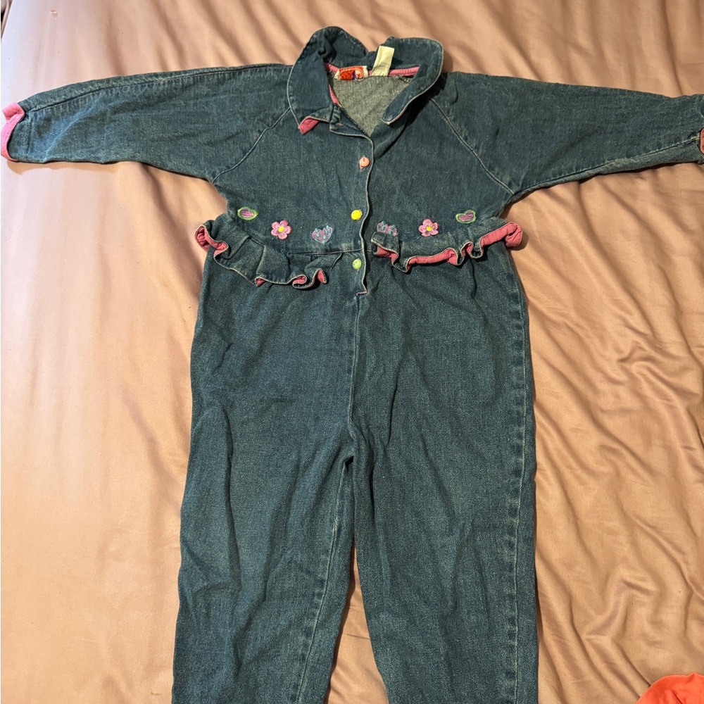 Kids Denim Jumpsuit with Floral Accents vintage 80s